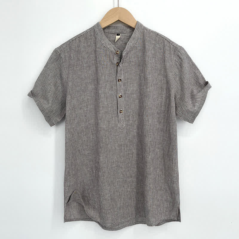 Buddha Stones Summer Half Button Fine Striped Men's Short Sleeve Shirts - Tan - US/UK/AU44，EU54 (4XL) - image 0