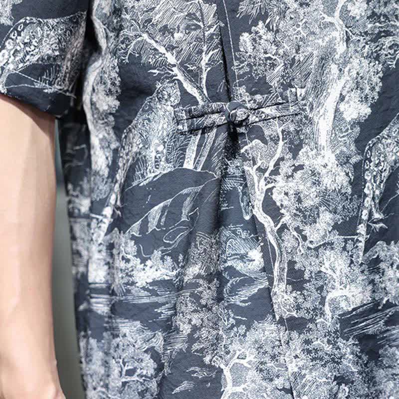 Buddha Stones Summer Tang Style Frog Button Trees Abstract Pattern Men's Short Sleeve Shirts - image 12
