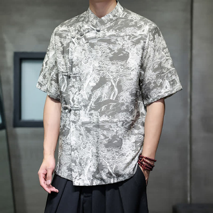 Buddha Stones Summer Tang Style Frog Button Trees Abstract Pattern Men's Short Sleeve Shirts - image 18