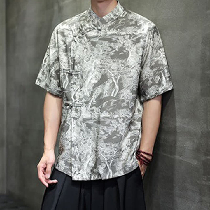Buddha Stones Summer Tang Style Frog Button Trees Abstract Pattern Men's Short Sleeve Shirts - image 17