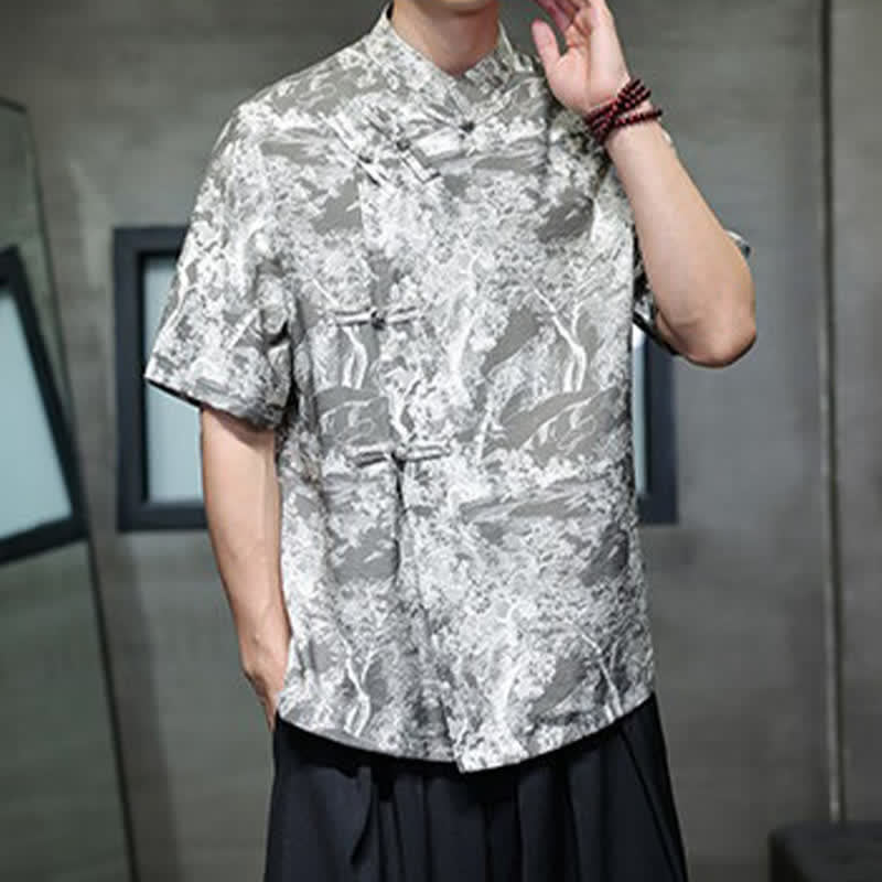 Buddha Stones Summer Tang Style Frog Button Trees Abstract Pattern Men's Short Sleeve Shirts - image 19