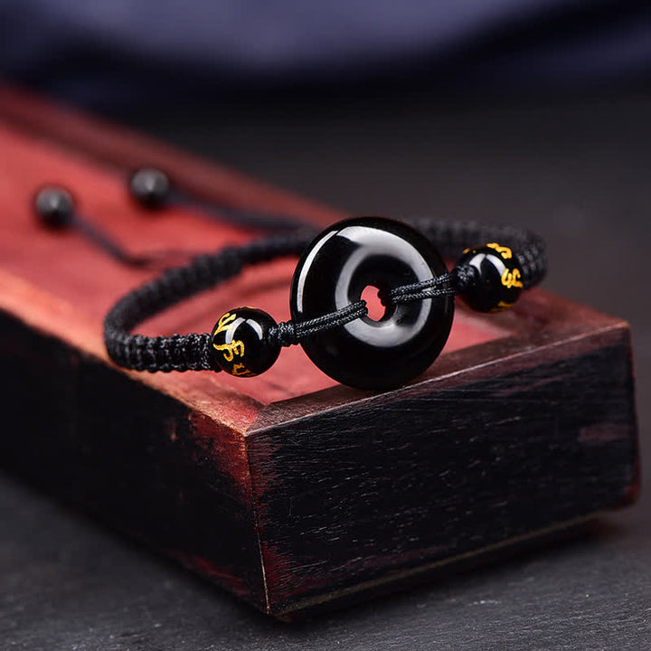 Buddha Stones Black Obsidian Peace Buckle Protection Braided Bracelet - image 3