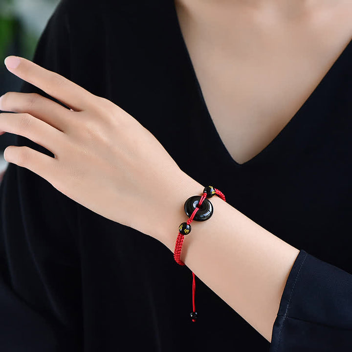 Buddha Stones Black Obsidian Peace Buckle Protection Braided Bracelet - image 9