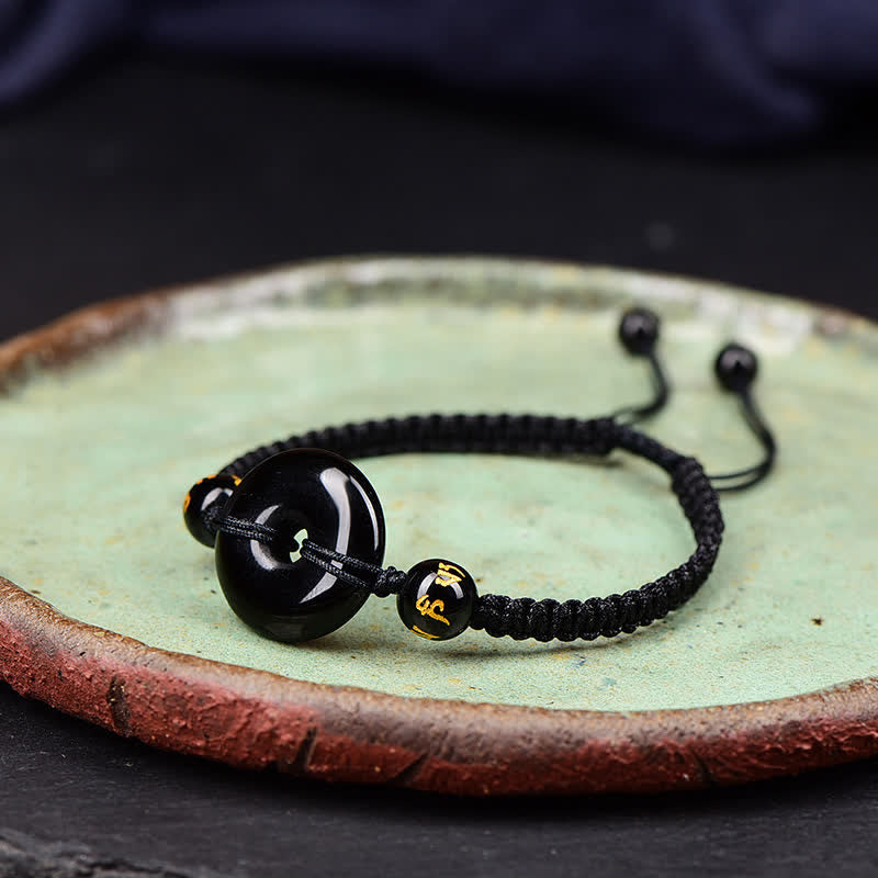 Buddha Stones Black Obsidian Peace Buckle Protection Braided Bracelet - image 4