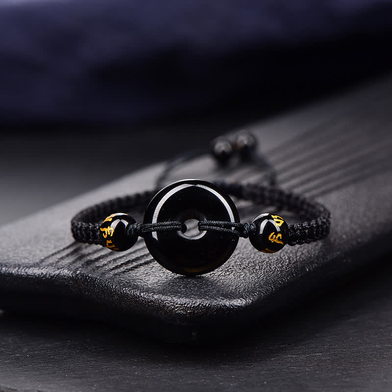 Buddha Stones Black Obsidian Peace Buckle Protection Braided Bracelet - Black Cord - Black Obsidian(Purification♥Strength) - image 1