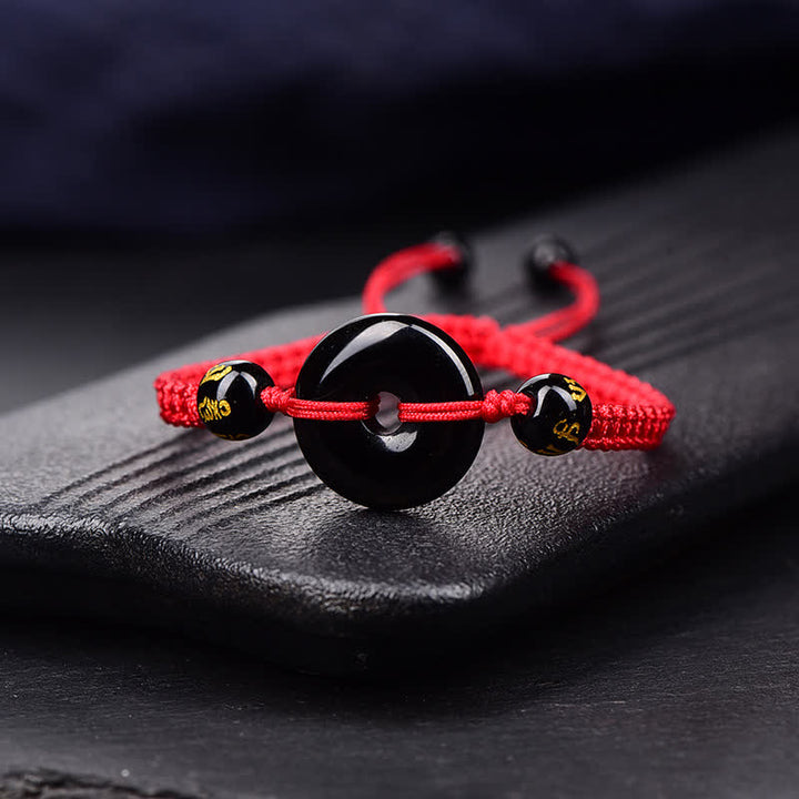 Buddha Stones Black Obsidian Peace Buckle Protection Braided Bracelet - Red Cord - Black Obsidian(Purification♥Strength) - image 0