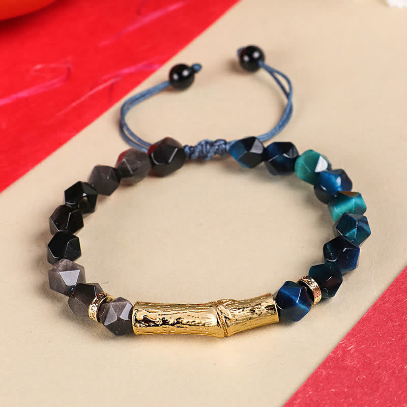 Buddha Stones Tiger Eye Silver Sheen Obsidian Bamboo Growth Faceted Bracelet - Silver Sheen Obsidian & Blue Tiger Eye - Tiger Eye(Protection♥Strength) - image 1