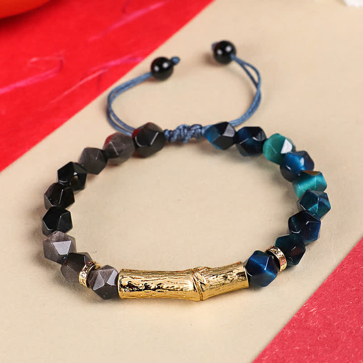 Buddha Stones Tiger Eye Silver Sheen Obsidian Bamboo Growth Faceted Bracelet - Silver Sheen Obsidian & Blue Tiger Eye - Tiger Eye(Protection♥Strength) - image 1