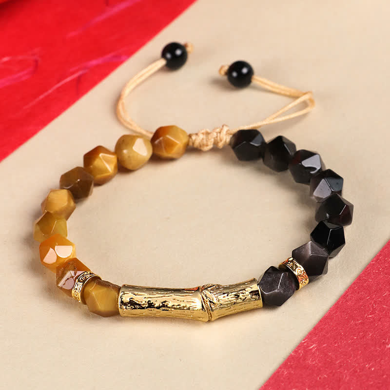 Buddha Stones Tiger Eye Silver Sheen Obsidian Bamboo Growth Faceted Bracelet - Silver Sheen Obsidian & Golden Tiger Eye - Tiger Eye(Protection♥Strength) - image 2
