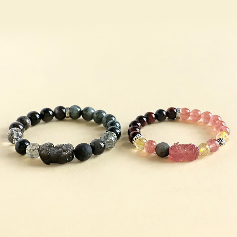 Buddha Stones Strawberry Quartz And Silver Sheen Obsidian Pixiu Love Hand Carved Couples Bracelet - image 8