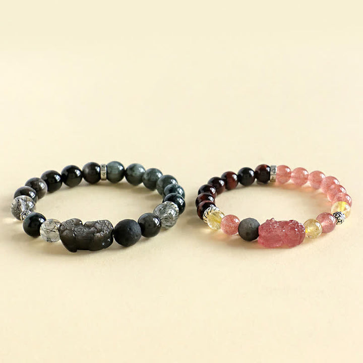 Buddha Stones Strawberry Quartz And Silver Sheen Obsidian Pixiu Love Hand Carved Couples Bracelet - image 8