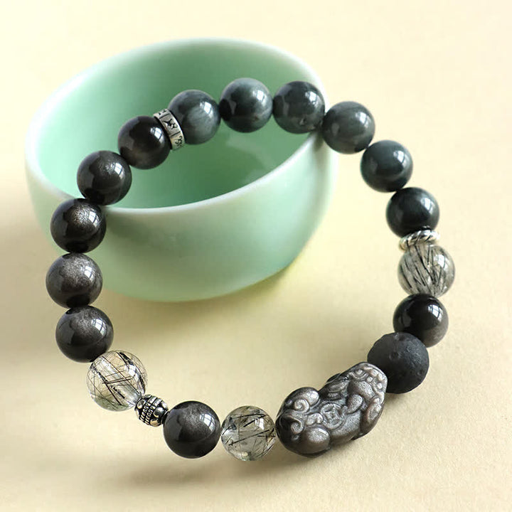 Buddha Stones Strawberry Quartz And Silver Sheen Obsidian Pixiu Love Hand Carved Couples Bracelet - image 2