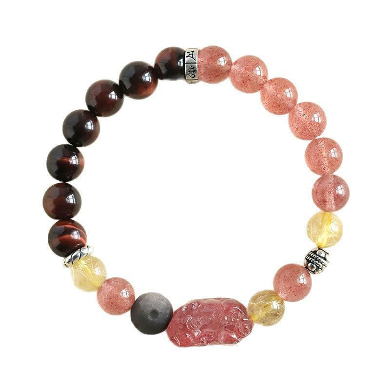Buddha Stones Strawberry Quartz And Silver Sheen Obsidian Pixiu Love Hand Carved Couples Bracelet - image 9