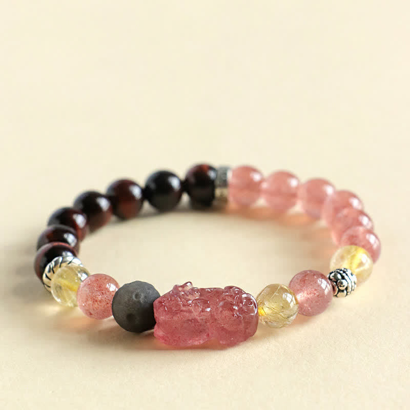 Buddha Stones Strawberry Quartz And Silver Sheen Obsidian Pixiu Love Hand Carved Couples Bracelet - image 3