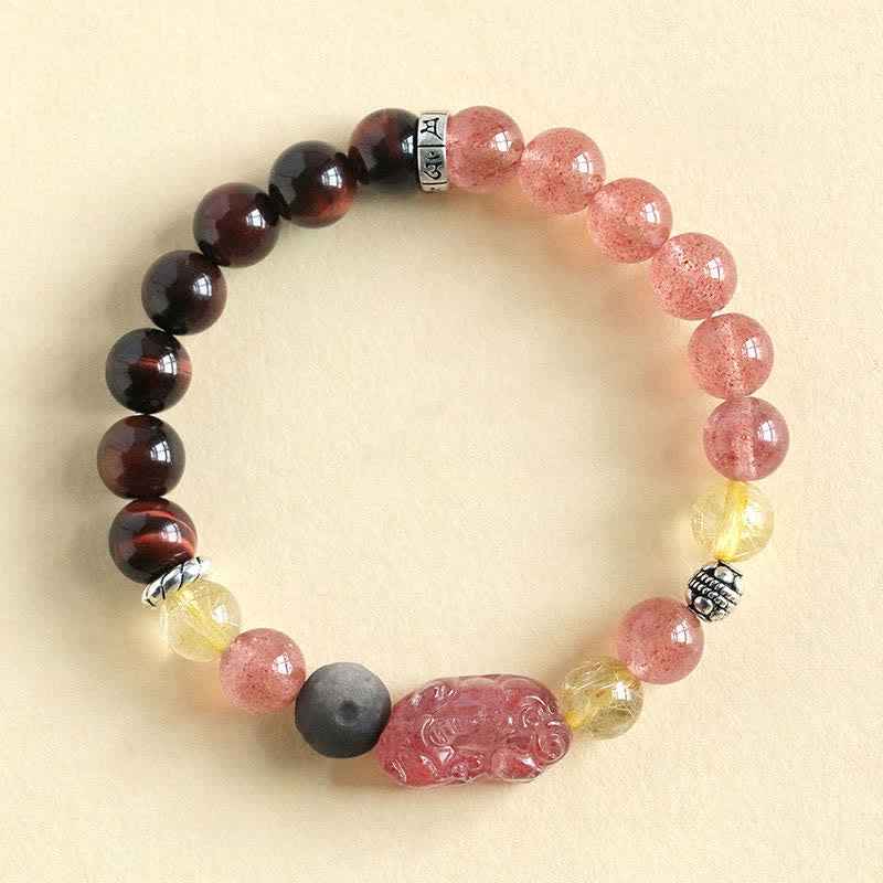 Buddha Stones Strawberry Quartz And Silver Sheen Obsidian Pixiu Love Hand Carved Couples Bracelet - Strawberry Quartz(Love ♥ Healing) - image 1