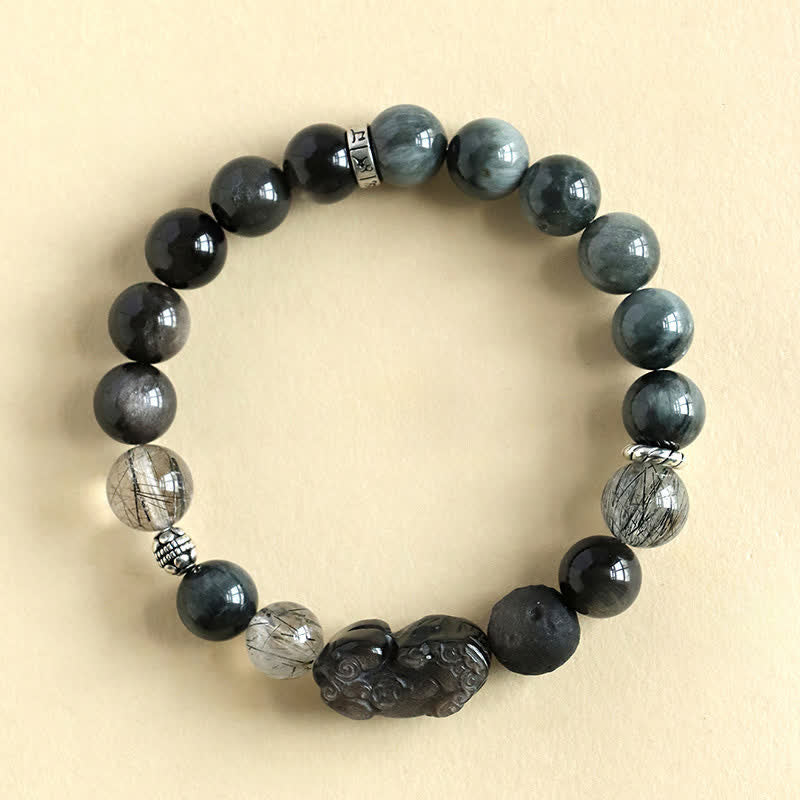 Buddha Stones Strawberry Quartz And Silver Sheen Obsidian Pixiu Love Hand Carved Couples Bracelet - Silver Sheen Obsidian(Protection♥Soothing) - image 0