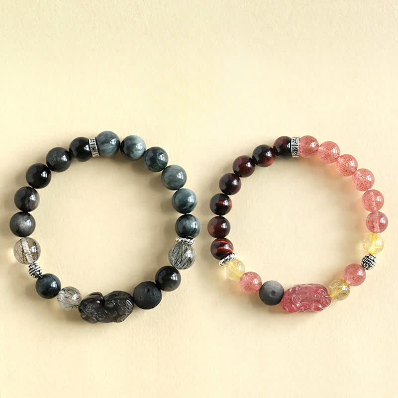 Buddha Stones Strawberry Quartz And Silver Sheen Obsidian Pixiu Love Hand Carved Couples Bracelet - image 4