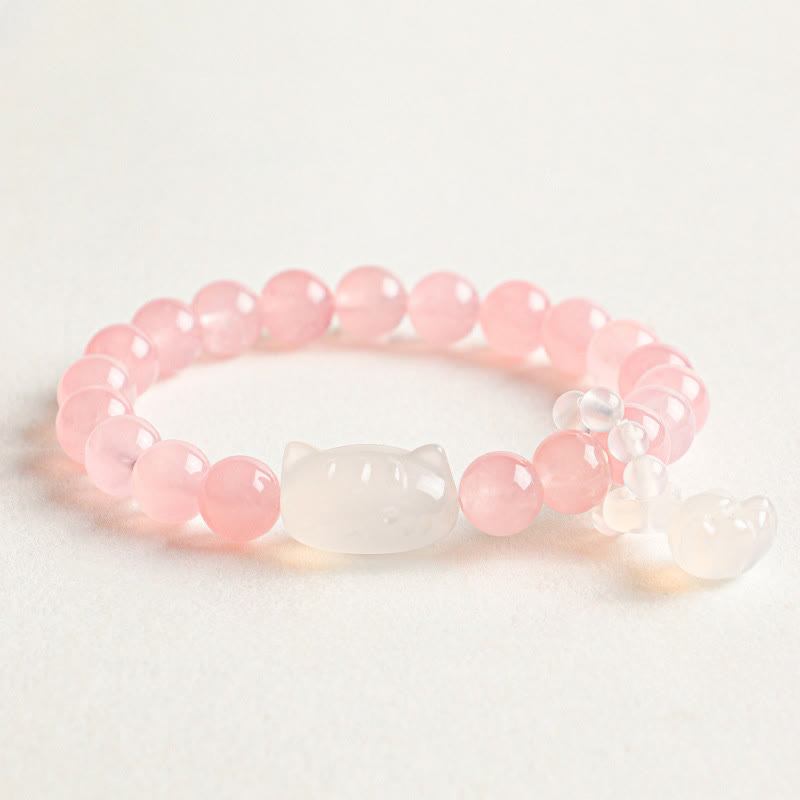 Buddha Stones Silver Sheen Obsidian Hand Carved Cat Pendant Calmness Handmade Bracelet - Rose Quartz(Love ♥ Self Love) - image 2