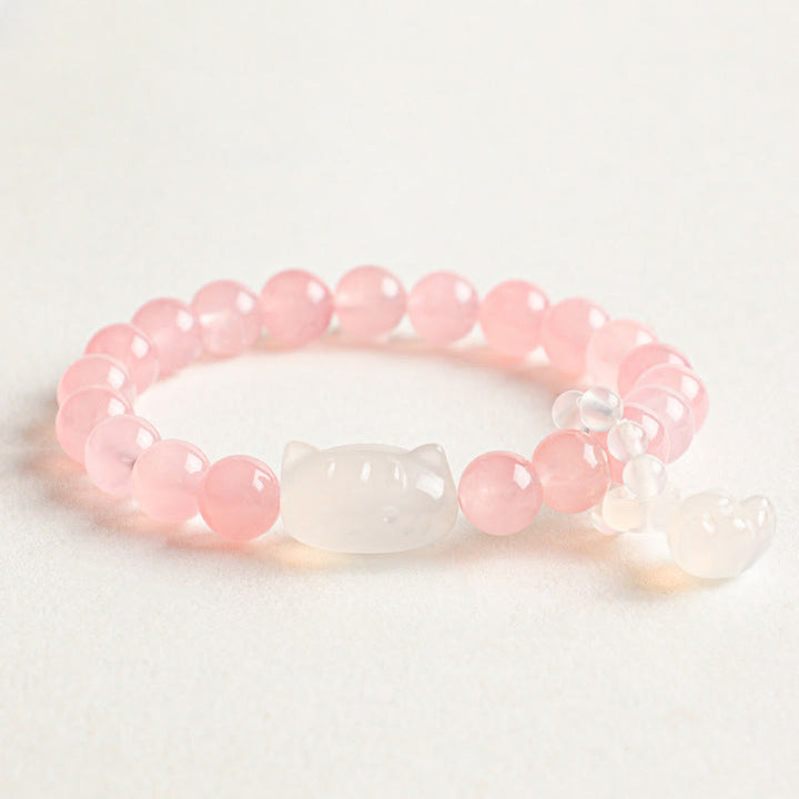 Buddha Stones Silver Sheen Obsidian Hand Carved Cat Pendant Calmness Handmade Bracelet - Rose Quartz(Love ♥ Self Love) - image 2