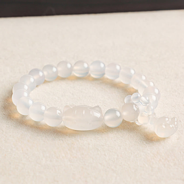 Buddha Stones Silver Sheen Obsidian Hand Carved Cat Pendant Calmness Handmade Bracelet - White Agate(Calmness ♥ Purity) - image 1