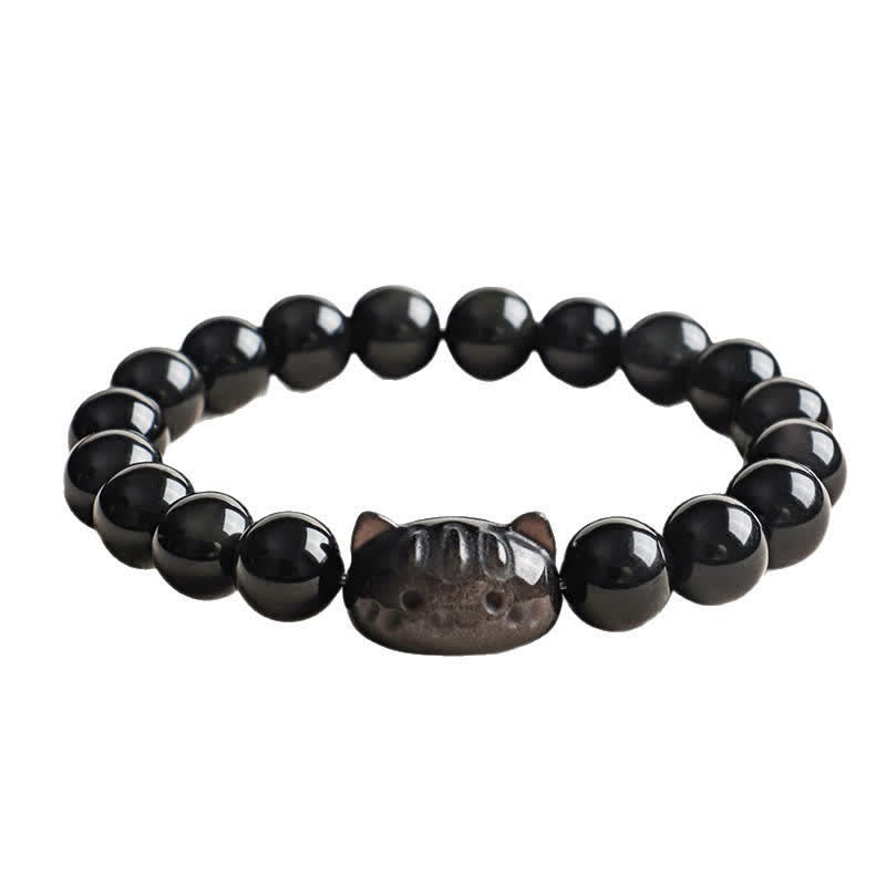 Buddha Stones Silver Sheen Obsidian Hand Carved Cat Pendant Calmness Handmade Bracelet - image 12