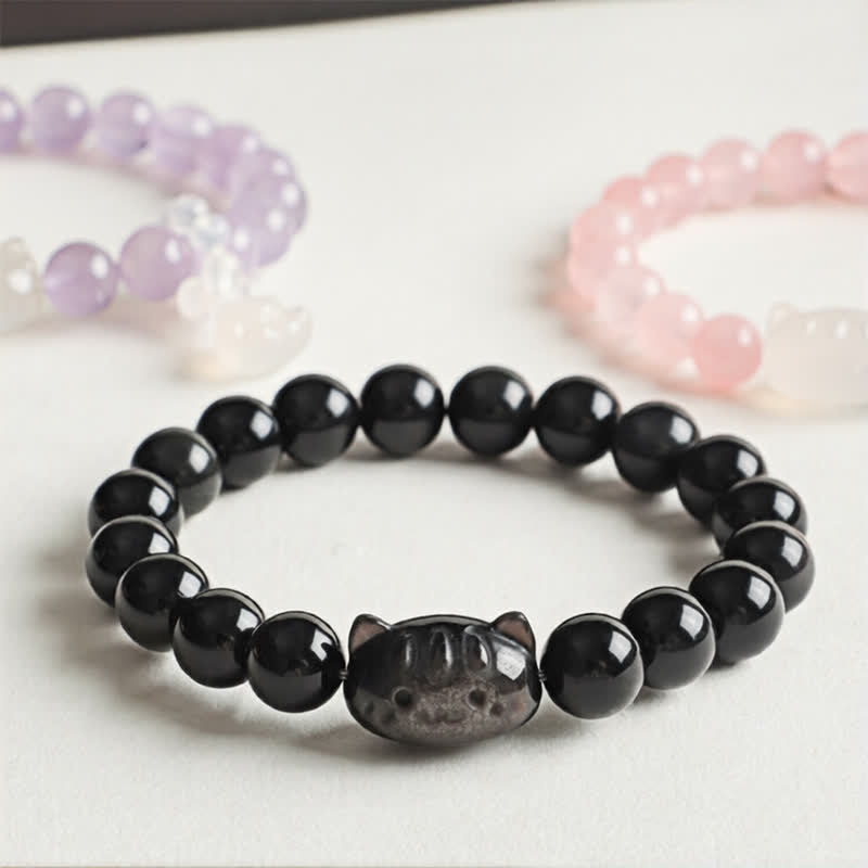 Buddha Stones Silver Sheen Obsidian Hand Carved Cat Pendant Calmness Handmade Bracelet - image 4
