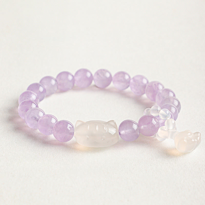 Buddha Stones Silver Sheen Obsidian Hand Carved Cat Pendant Calmness Handmade Bracelet - Amethyst(Stress Relief ♥ Intuition) - image 3