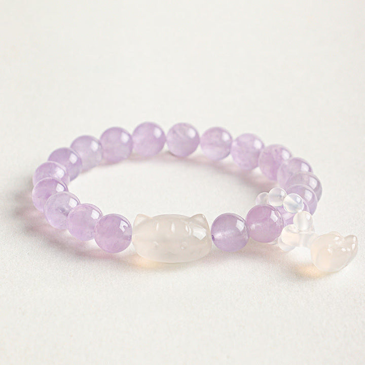 Buddha Stones Silver Sheen Obsidian Hand Carved Cat Pendant Calmness Handmade Bracelet - Amethyst(Stress Relief ♥ Intuition) - image 3