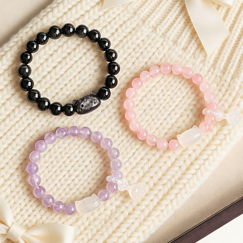 Buddha Stones Silver Sheen Obsidian Hand Carved Cat Pendant Calmness Handmade Bracelet - image 9