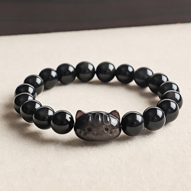 Buddha Stones Silver Sheen Obsidian Hand Carved Cat Pendant Calmness Handmade Bracelet - Silver Sheen Obsidian(Grounding ♥ Intuition) - image 0
