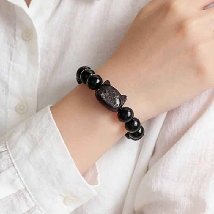 Buddha Stones Silver Sheen Obsidian Hand Carved Cat Pendant Calmness Handmade Bracelet - image 10
