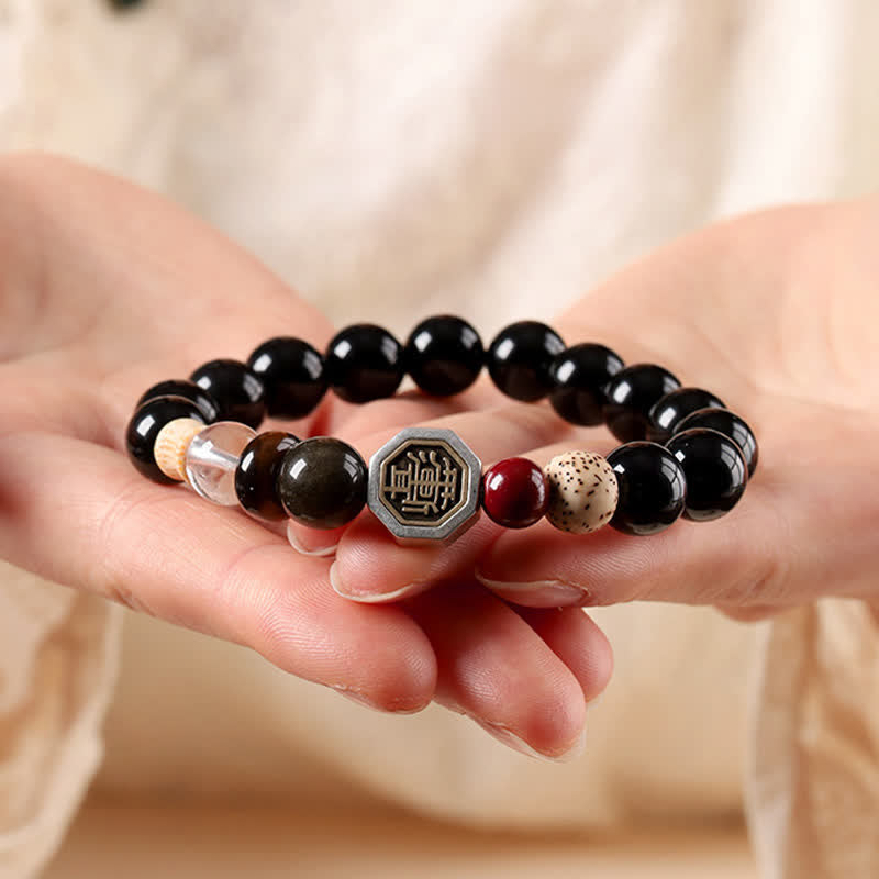 Buddha Stones Black Obsidian Bagua Protection Tibetan Round Bead Bracelet - image 4