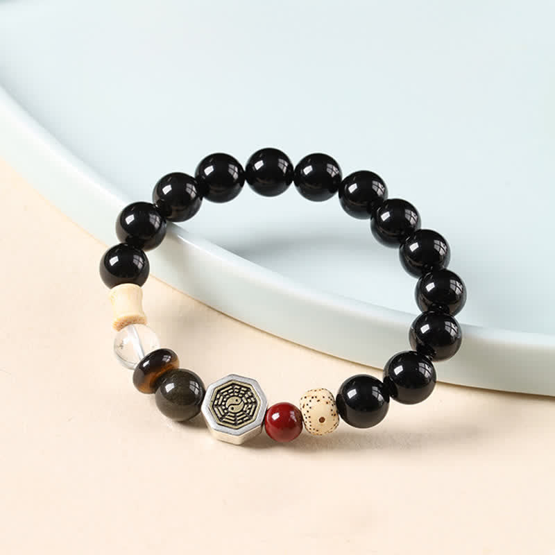 Buddha Stones Black Obsidian Bagua Protection Tibetan Round Bead Bracelet - image 2