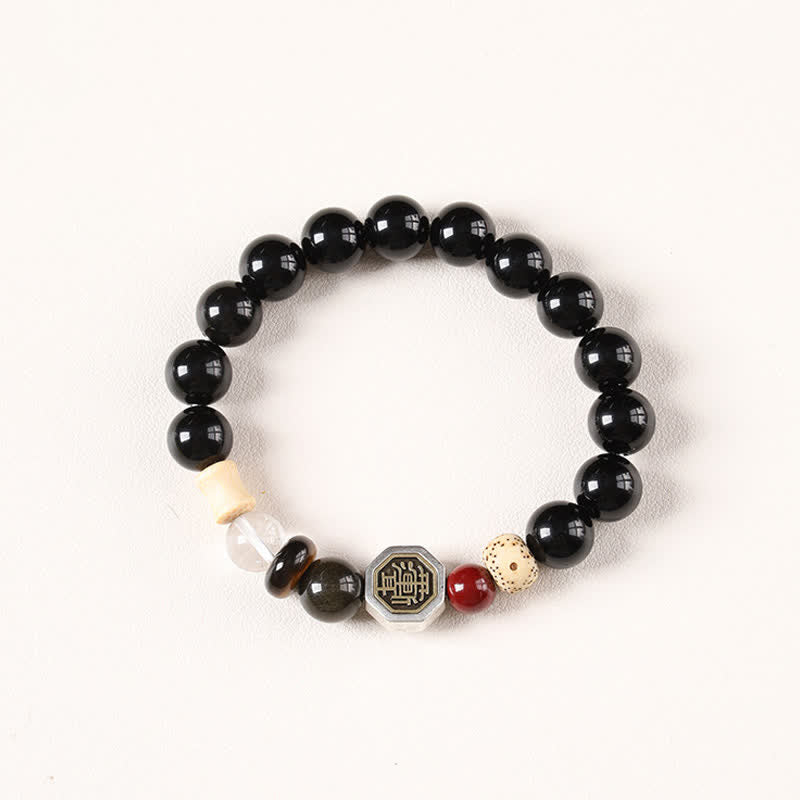 Buddha Stones Black Obsidian Bagua Protection Tibetan Round Bead Bracelet - Black Obsidian(Protection ♥ Grounding) - image 0