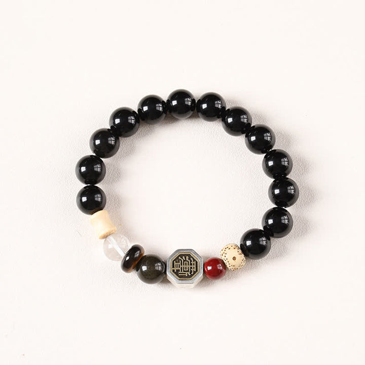Buddha Stones Black Obsidian Bagua Protection Tibetan Round Bead Bracelet - Black Obsidian(Protection ♥ Grounding) - image 0
