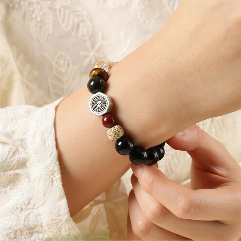 Buddha Stones Black Obsidian Bagua Protection Tibetan Round Bead Bracelet - image 9