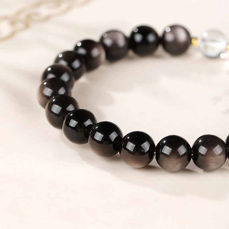Buddha Stones Silver Sheen Obsidian Dzi Bead Protection Round Bracelet - image 10