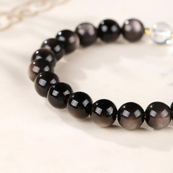 Buddha Stones Silver Sheen Obsidian Dzi Bead Protection Round Bracelet - image 10