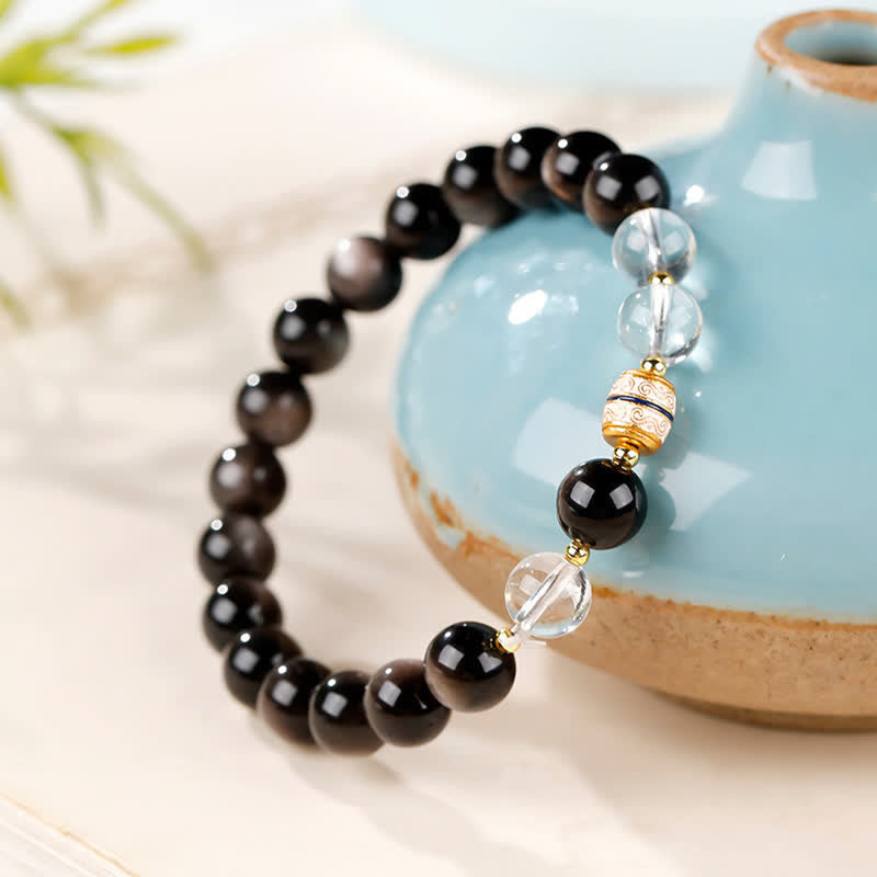 Buddha Stones Silver Sheen Obsidian Dzi Bead Protection Round Bracelet - image 1