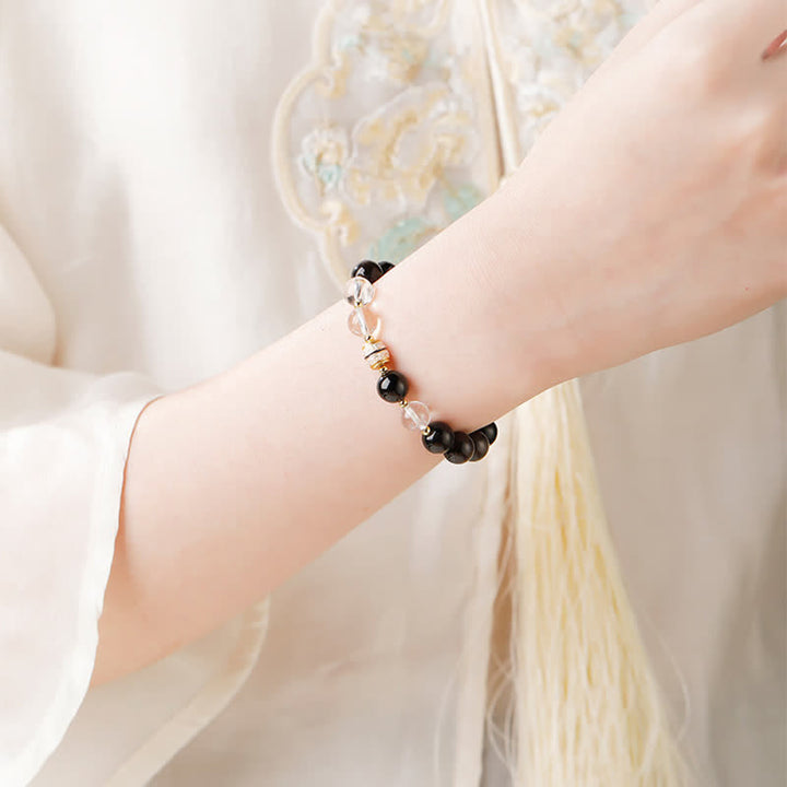 Buddha Stones Silver Sheen Obsidian Dzi Bead Protection Round Bracelet - image 8