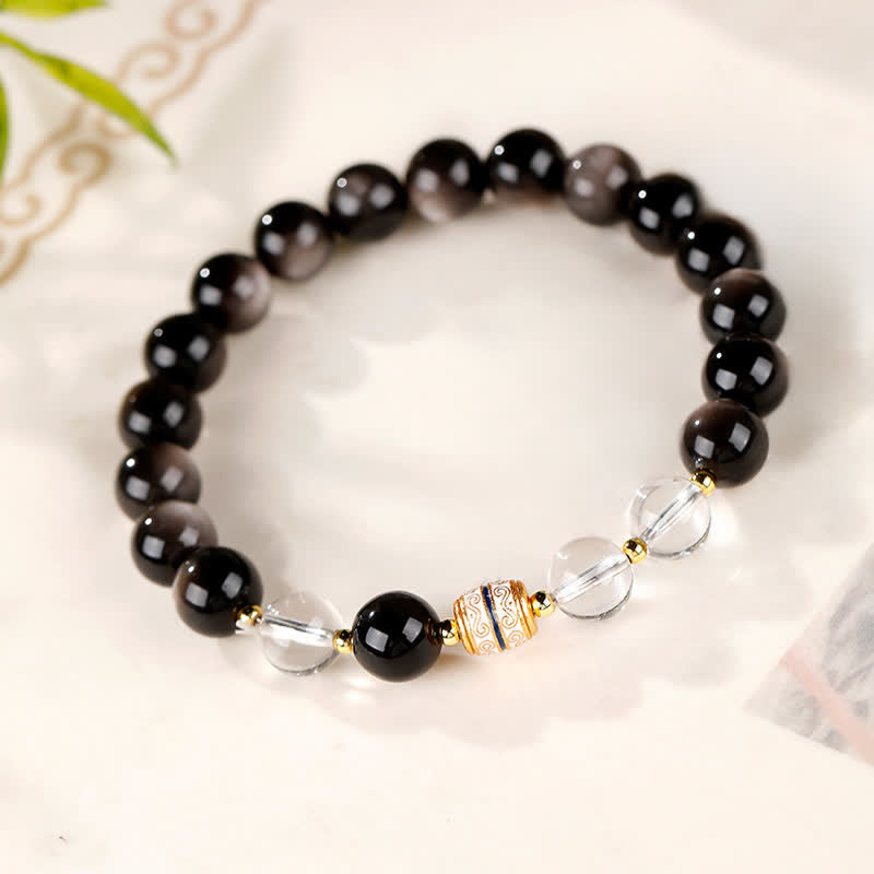 Buddha Stones Silver Sheen Obsidian Dzi Bead Protection Round Bracelet - image 3