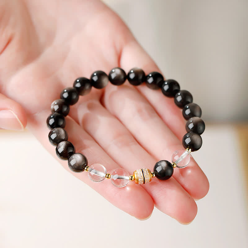 Buddha Stones Silver Sheen Obsidian Dzi Bead Protection Round Bracelet - image 7