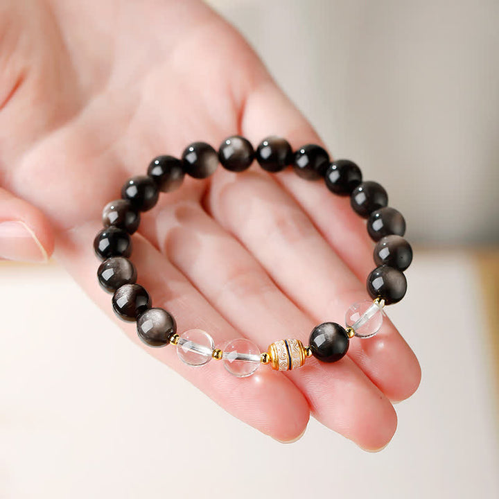 Buddha Stones Silver Sheen Obsidian Dzi Bead Protection Round Bracelet - image 7