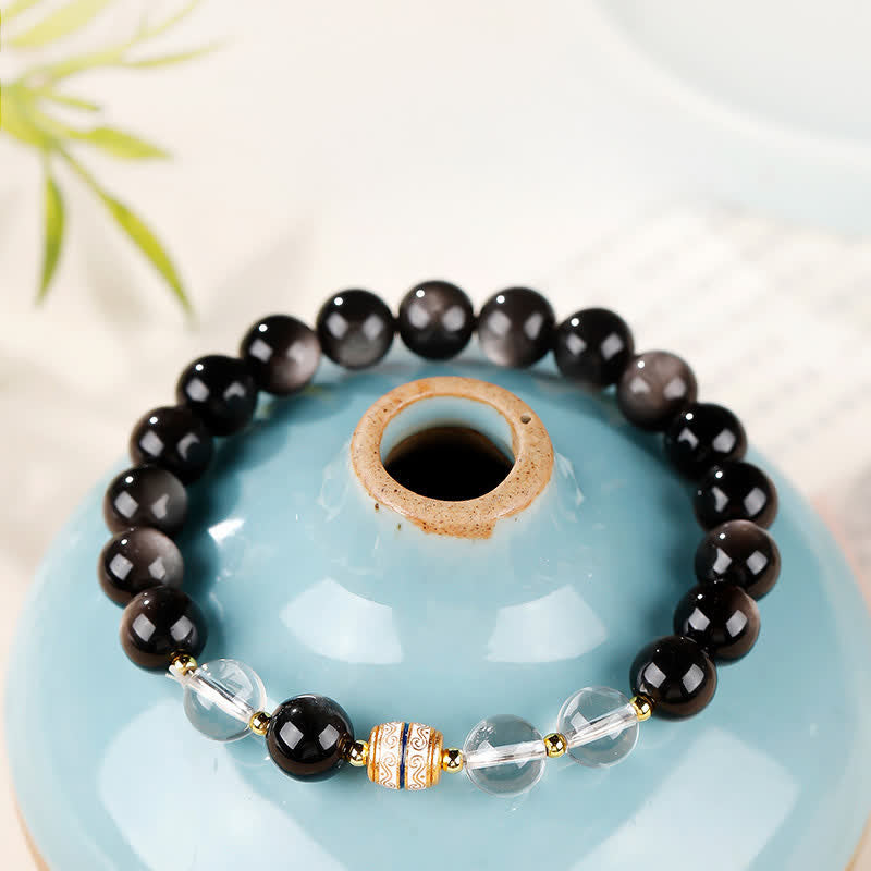 Buddha Stones Silver Sheen Obsidian Dzi Bead Protection Round Bracelet - Silver Sheen Obsidian(Protection♥Soothing) - 8mm(Wrist Circumference 16–17cm) - image 0