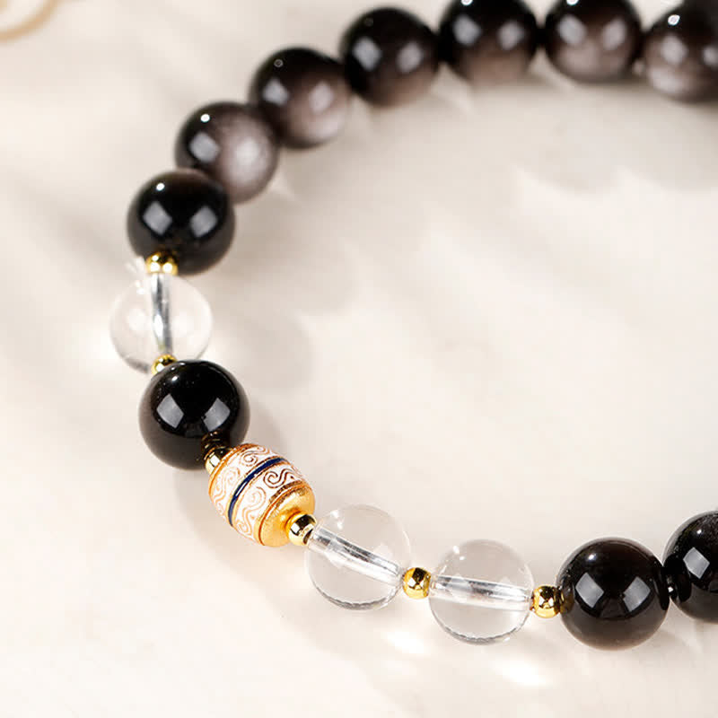 Buddha Stones Silver Sheen Obsidian Dzi Bead Protection Round Bracelet - image 9