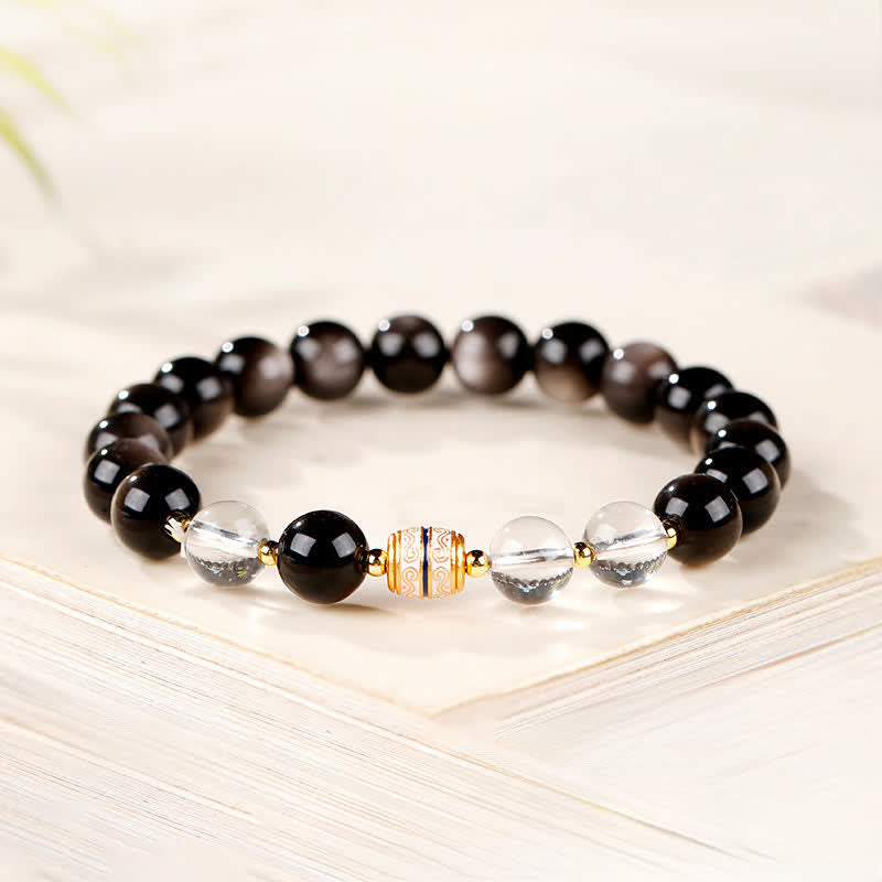 Buddha Stones Silver Sheen Obsidian Dzi Bead Protection Round Bracelet - image 4