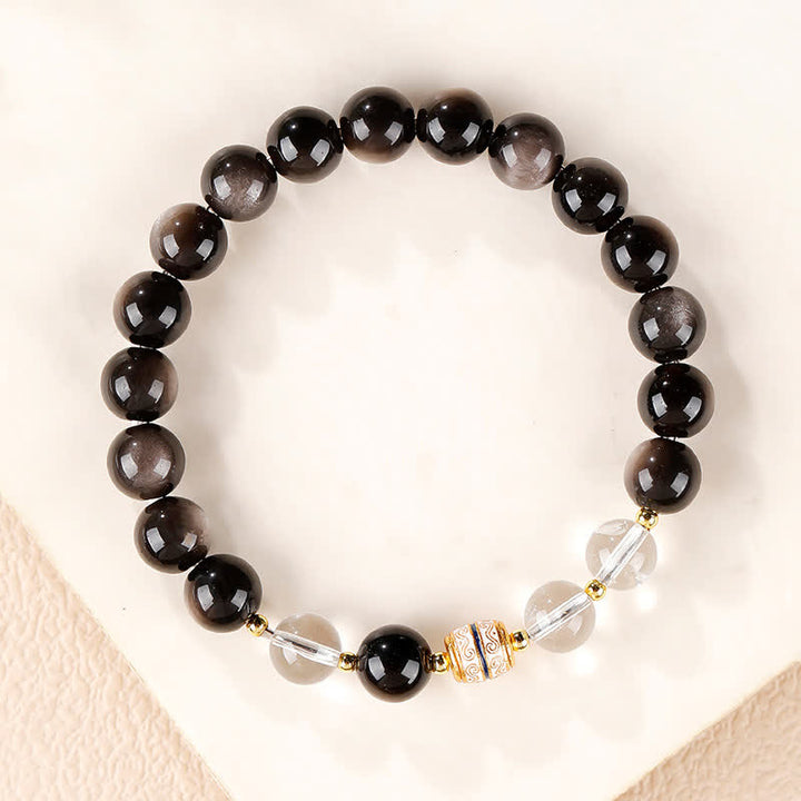 Buddha Stones Silver Sheen Obsidian Dzi Bead Protection Round Bracelet - image 2