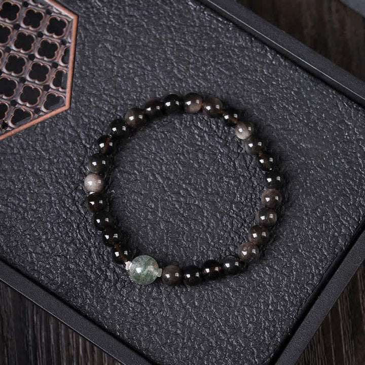 Buddha Stones Black Obsidian Grounding Hand-Woven New Chinese Round Bracelet - Green Phantom Top Bead - Black Obsidian(Purification♥Strength) - image 1