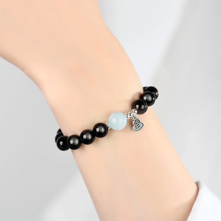 Buddha Stones Silver Sheen Obsidian Aquamarine Grounding Lucky Gourd Round Bracelet - image 8