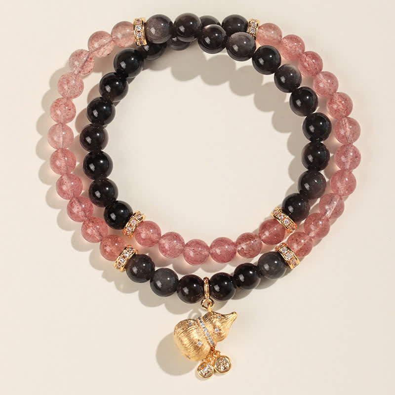 Buddha Stones Strawberry Quartz Gold-Wire Gourd Love Blessing Wrap Bracelet - Double Wrap Bracelet - Strawberry Quartz(Love ♥ Healing) - image 1